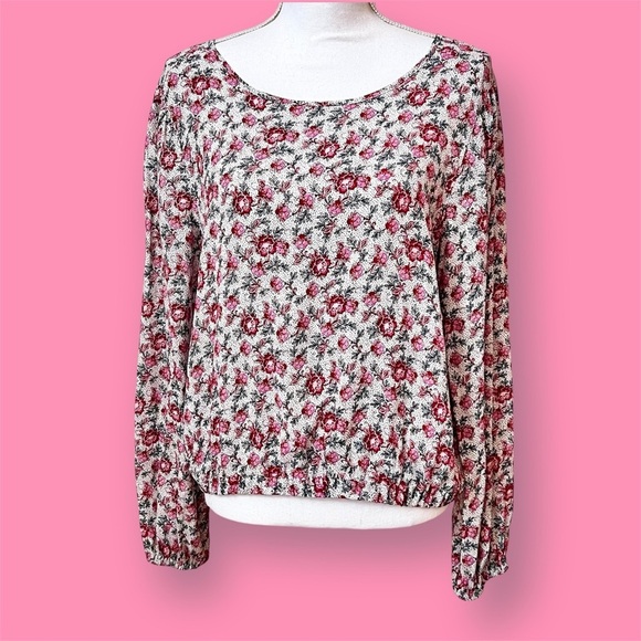 LOFT Pink & White Floral Long sleeved Top Blouse Size M Like New - Picture 1 of 10